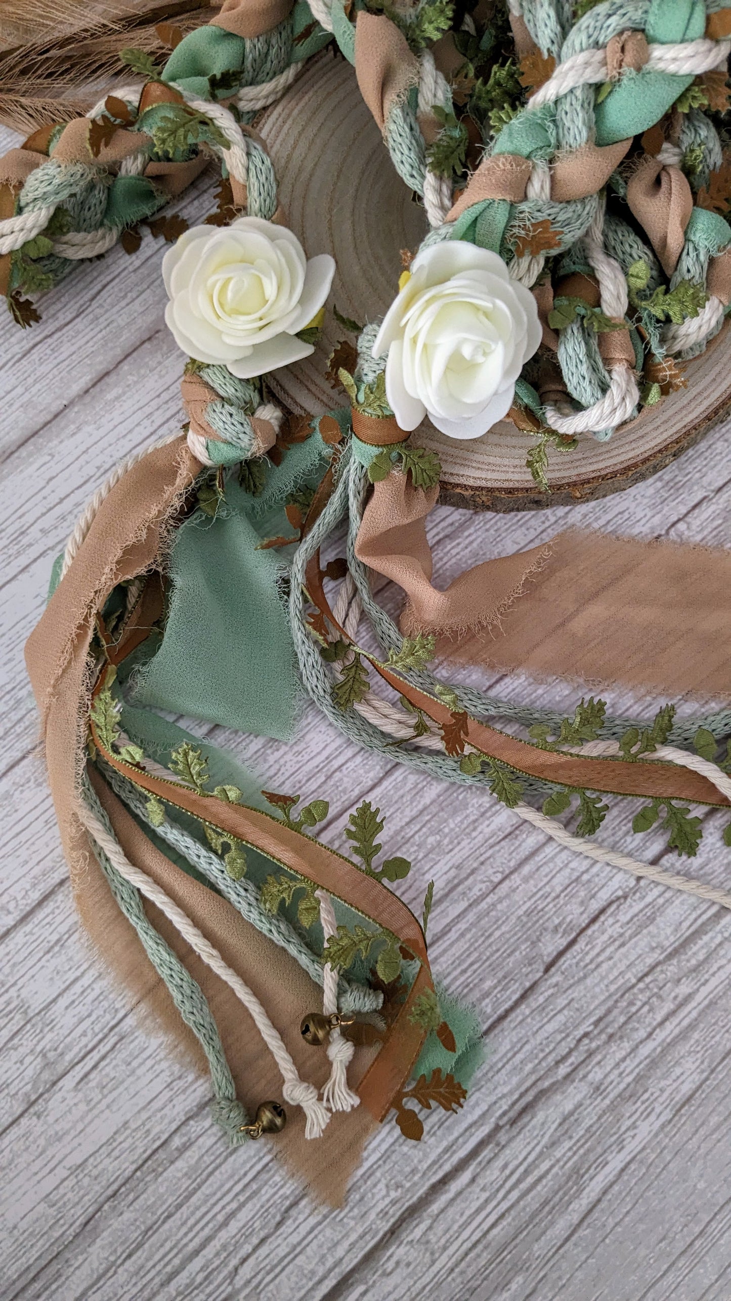 Handfasting lint mintgroen met crème en kaneelbruin