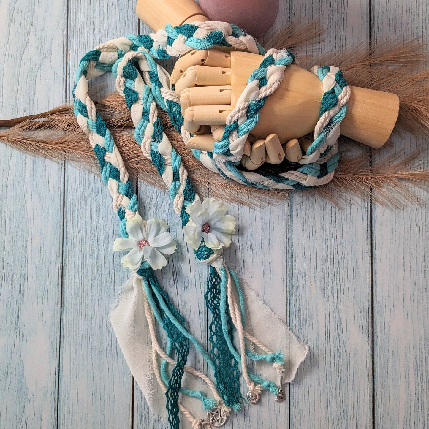 Handfastingslinten blauw met creme