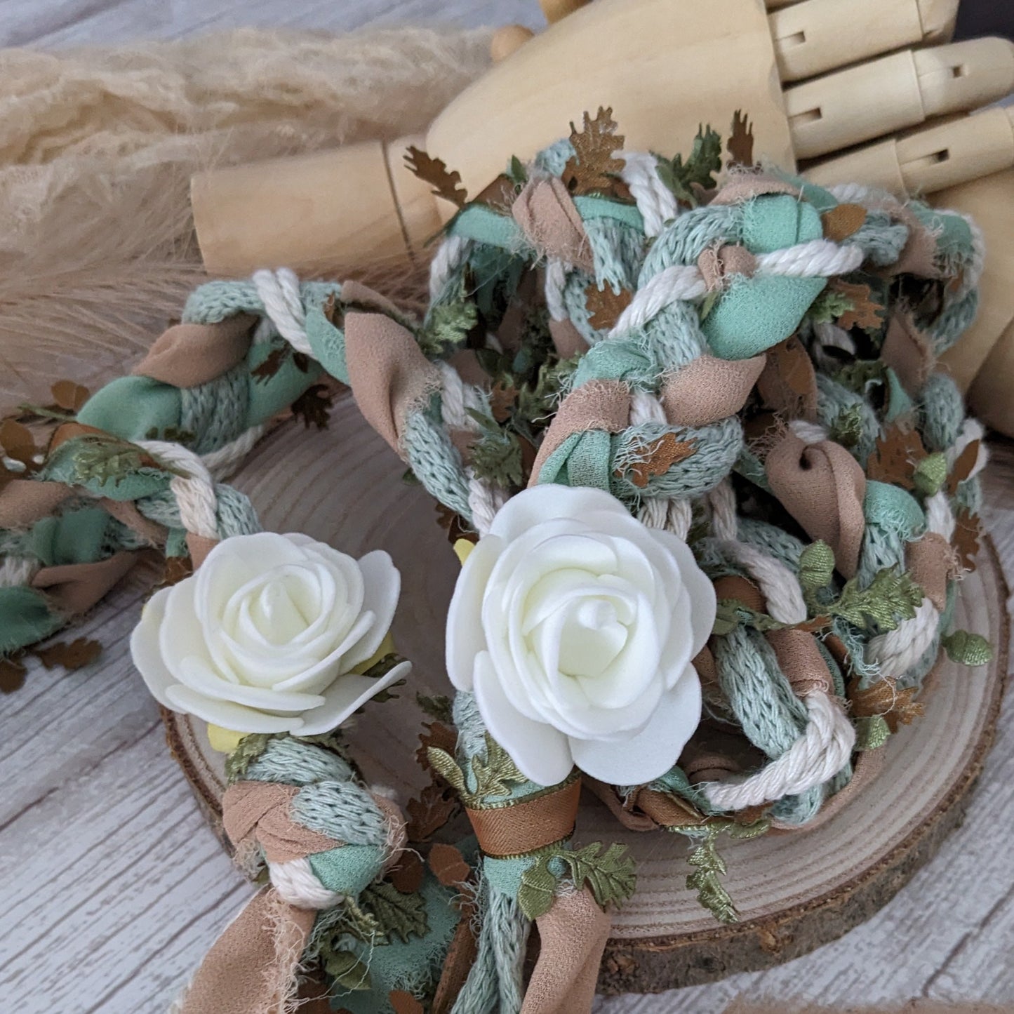 Handfastingslinten mintgroen, creme en kaneelbruin