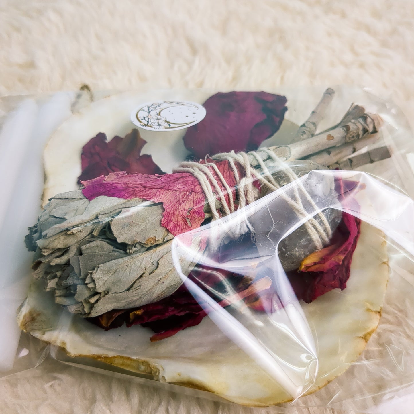 Smudge Set schelp, witte salie & rozenkwarts