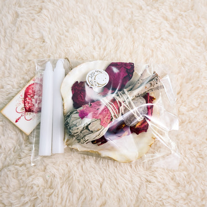 Smudge Set schelp, witte salie & rozenkwarts